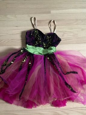 Curtain Call S EUC Hot Pink Lime Green Sequin Tulle Dance Costume 80s 90s Fairy
